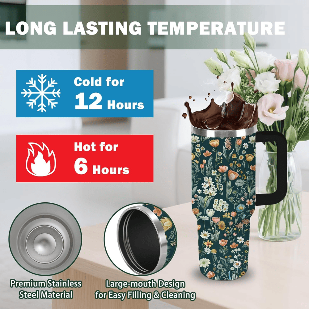 30oz Botanical Wildflower Tumbler with Handle | Leak-Proof Floral Travel Mug