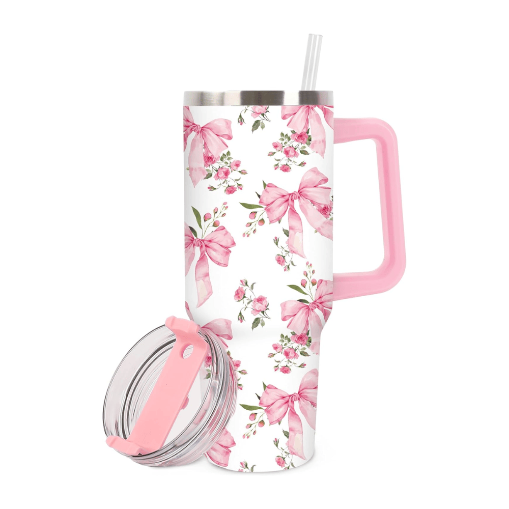 40oz Coquette Pink Bow & Rose Tumbler with Handle | Watercolor Floral Travel Cup