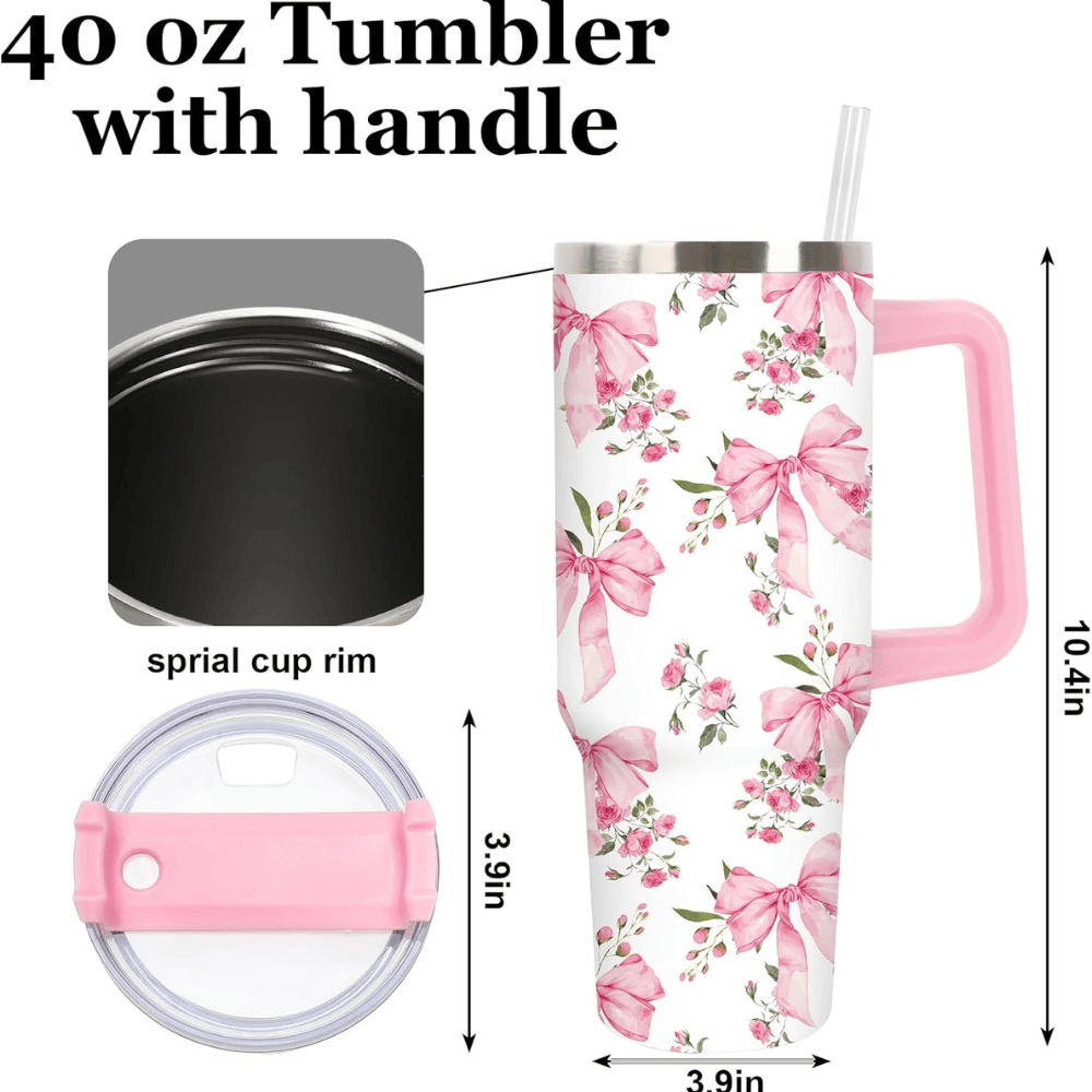 40oz Coquette Pink Bow & Rose Tumbler with Handle | Watercolor Floral Travel Cup