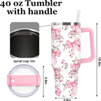 40oz Coquette Pink Bow & Rose Tumbler with Handle | Watercolor Floral Travel Cup