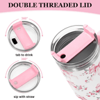 40oz Coquette Pink Bow & Rose Tumbler with Handle | Watercolor Floral Travel Cup