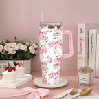 40oz Coquette Pink Bow & Rose Tumbler with Handle | Watercolor Floral Travel Cup