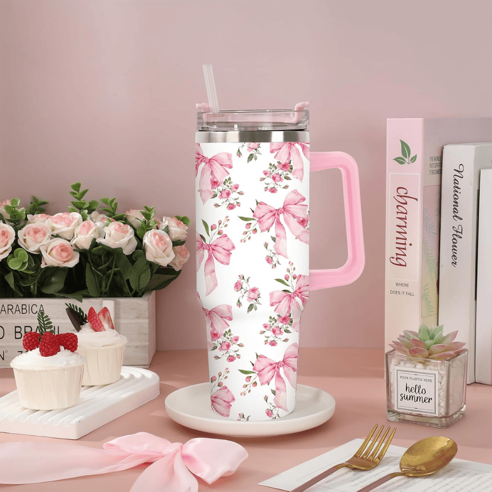 40oz Coquette Pink Bow & Rose Tumbler with Handle | Watercolor Floral Travel Cup