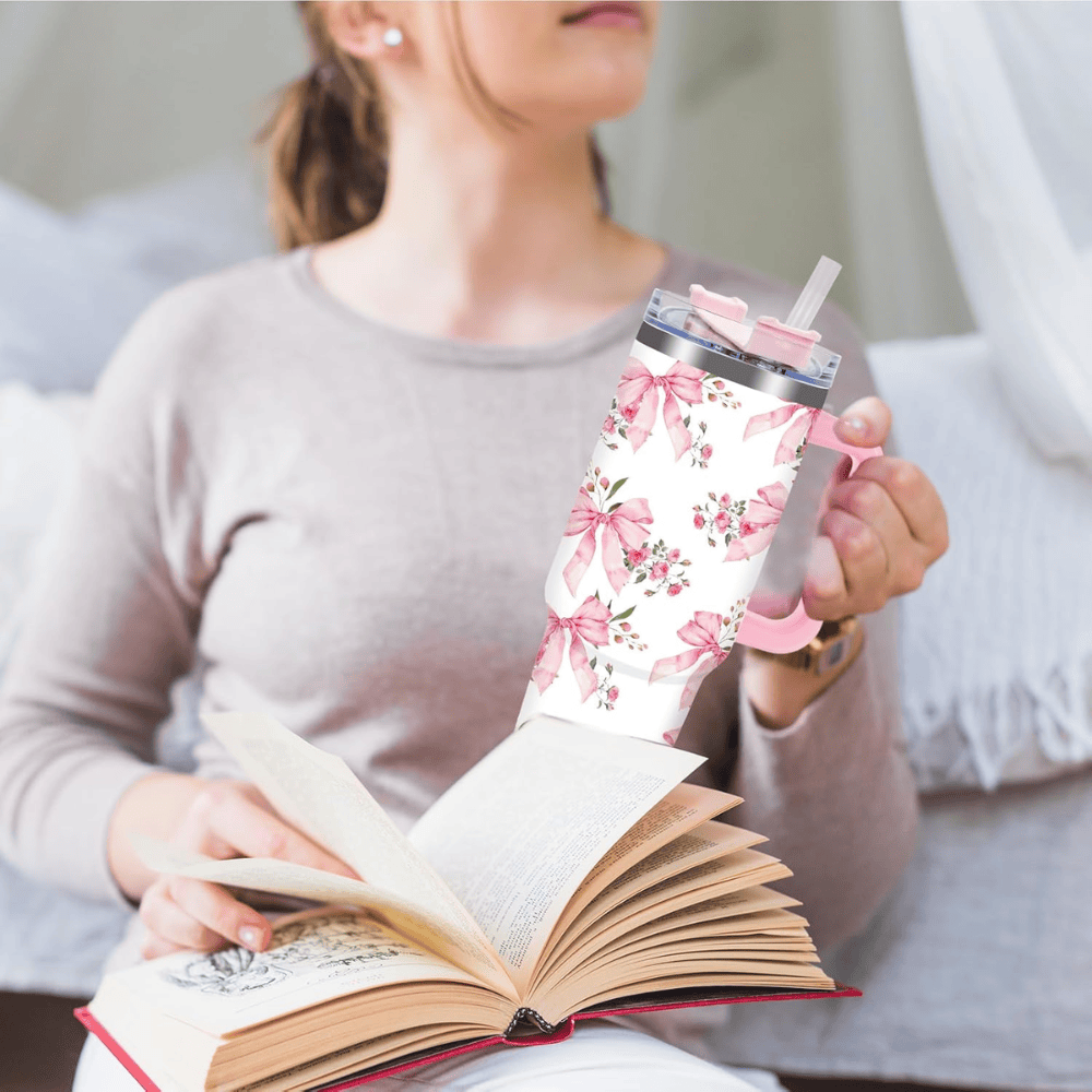 40oz Coquette Pink Bow & Rose Tumbler with Handle | Watercolor Floral Travel Cup