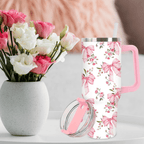 40oz Coquette Pink Bow & Rose Tumbler with Handle | Watercolor Floral Travel Cup