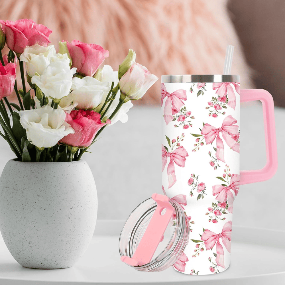 40oz Coquette Pink Bow & Rose Tumbler with Handle | Watercolor Floral Travel Cup
