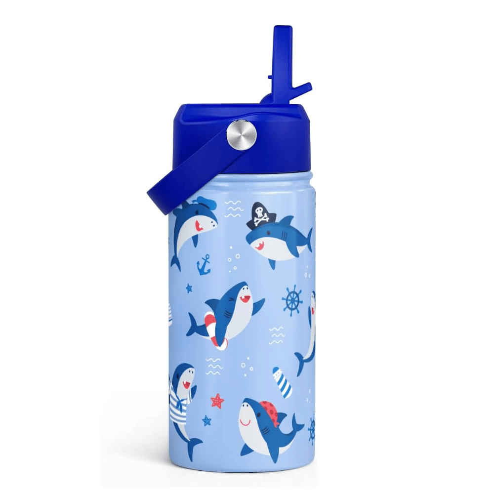 12oz Shark Kids Water Bottle with Straw Lid | Insulated Stainless Steel Tumbler