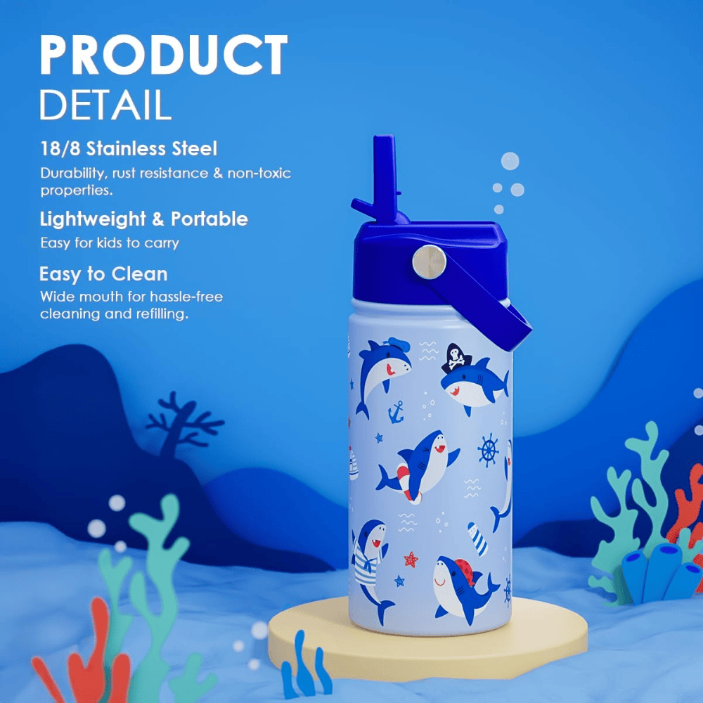 12oz Shark Kids Water Bottle with Straw Lid | Insulated Stainless Steel Tumbler