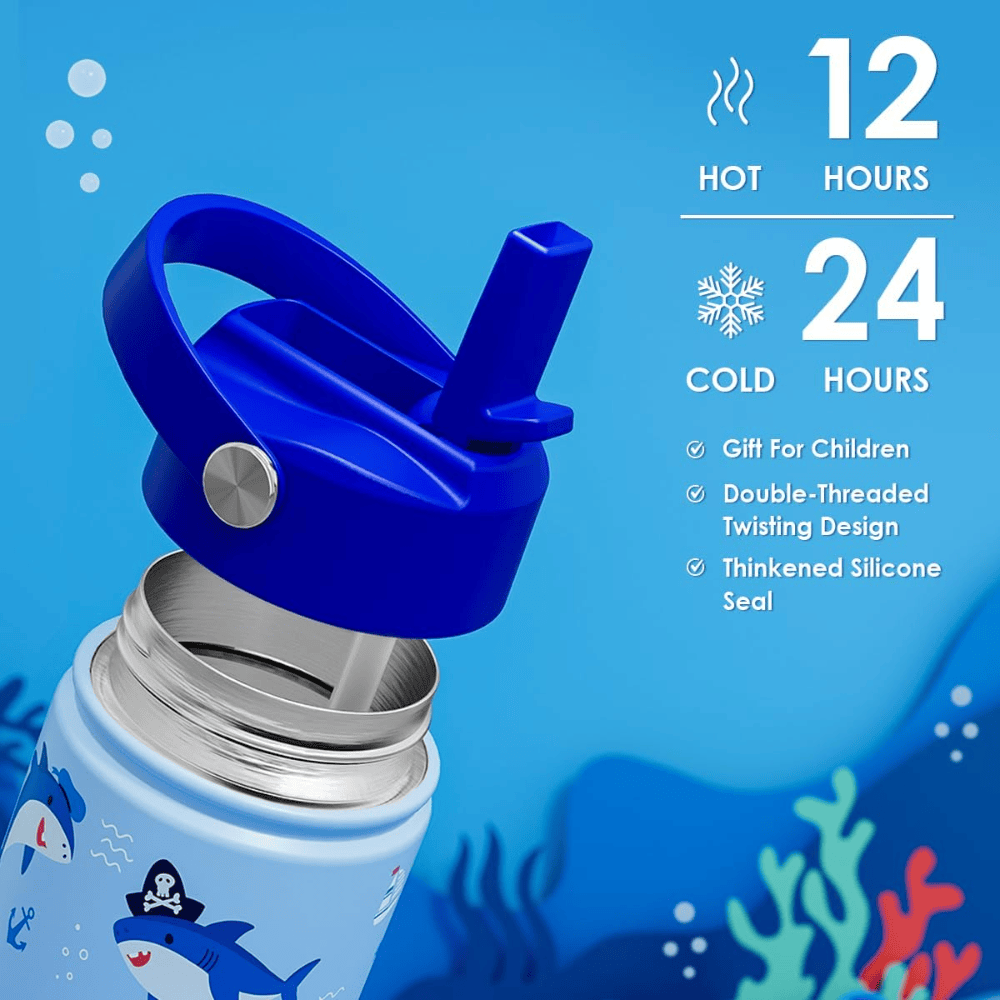 12oz Shark Kids Water Bottle with Straw Lid | Insulated Stainless Steel Tumbler