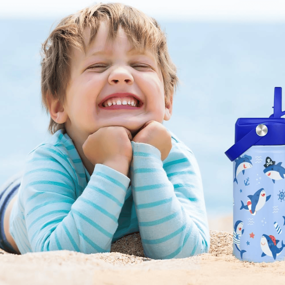 12oz Shark Kids Water Bottle with Straw Lid | Insulated Stainless Steel Tumbler