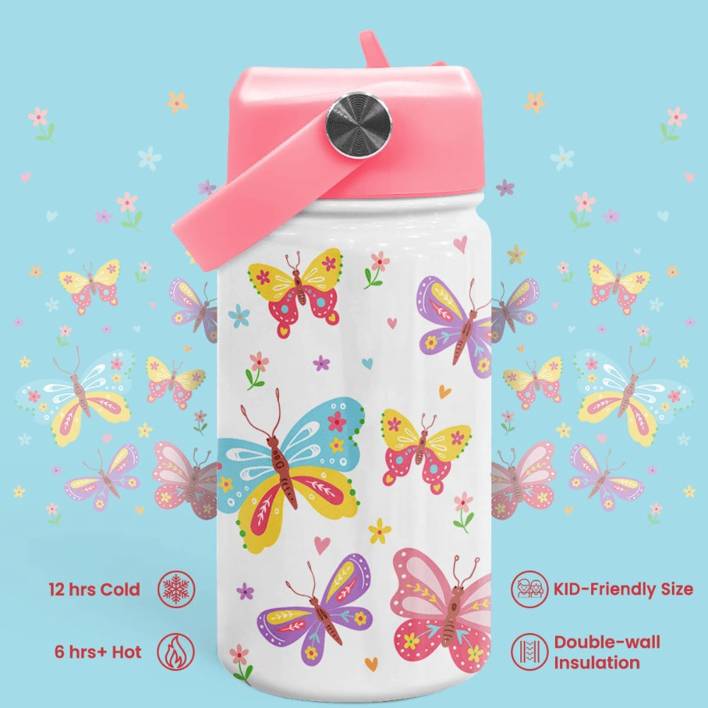 12oz Magical Butterfly Kids Water Bottle with Straw Lid | Insulated Travel Tumbler