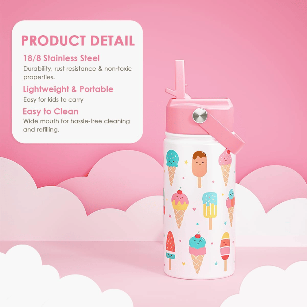 12oz Sweet Ice Cream Kids Water Bottle with Straw Lid | Insulated Travel Tumbler