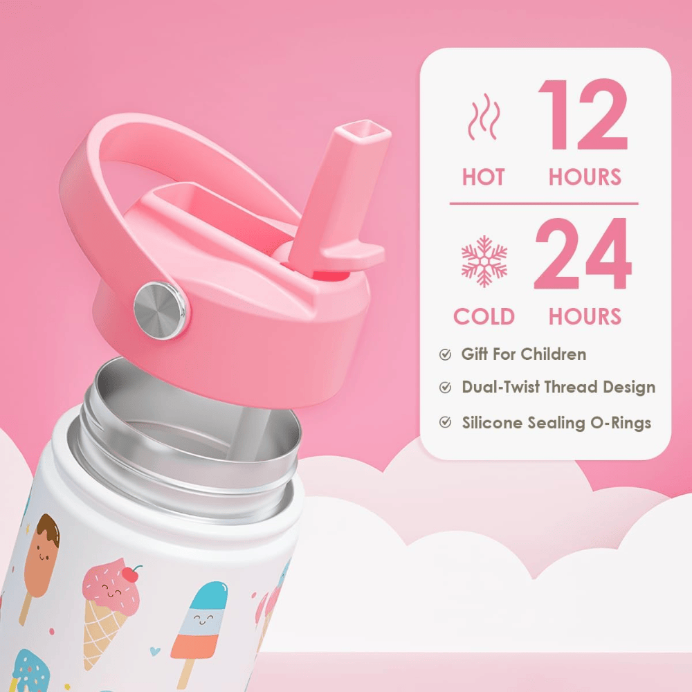 12oz Sweet Ice Cream Kids Water Bottle with Straw Lid | Insulated Travel Tumbler