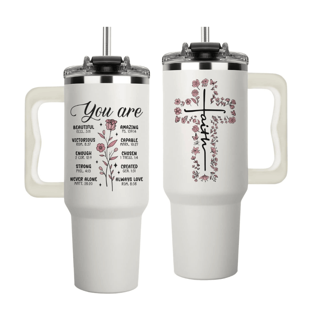 Faith-Inspired 40oz Tumbler with Handle | "Walk by Faith" Bible Verse Travel Mug