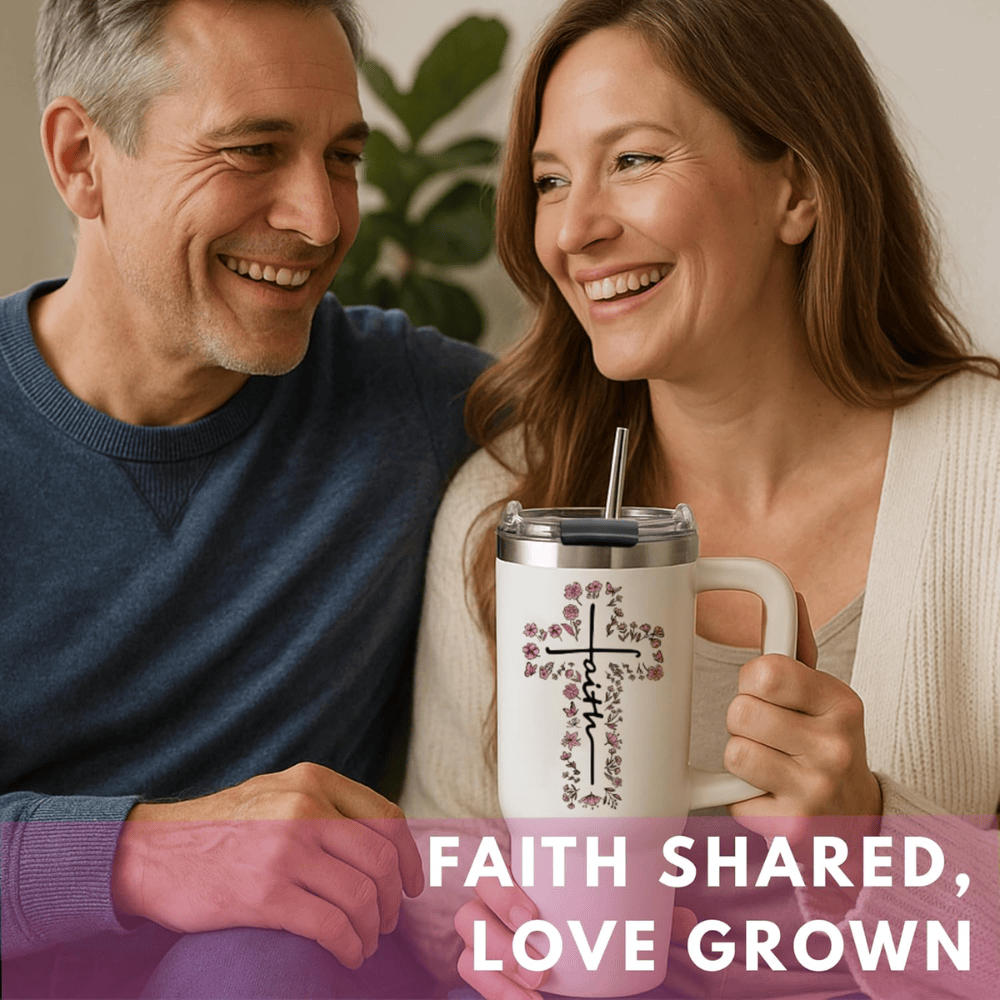 Faith-Inspired 40oz Tumbler with Handle | "Walk by Faith" Bible Verse Travel Mug