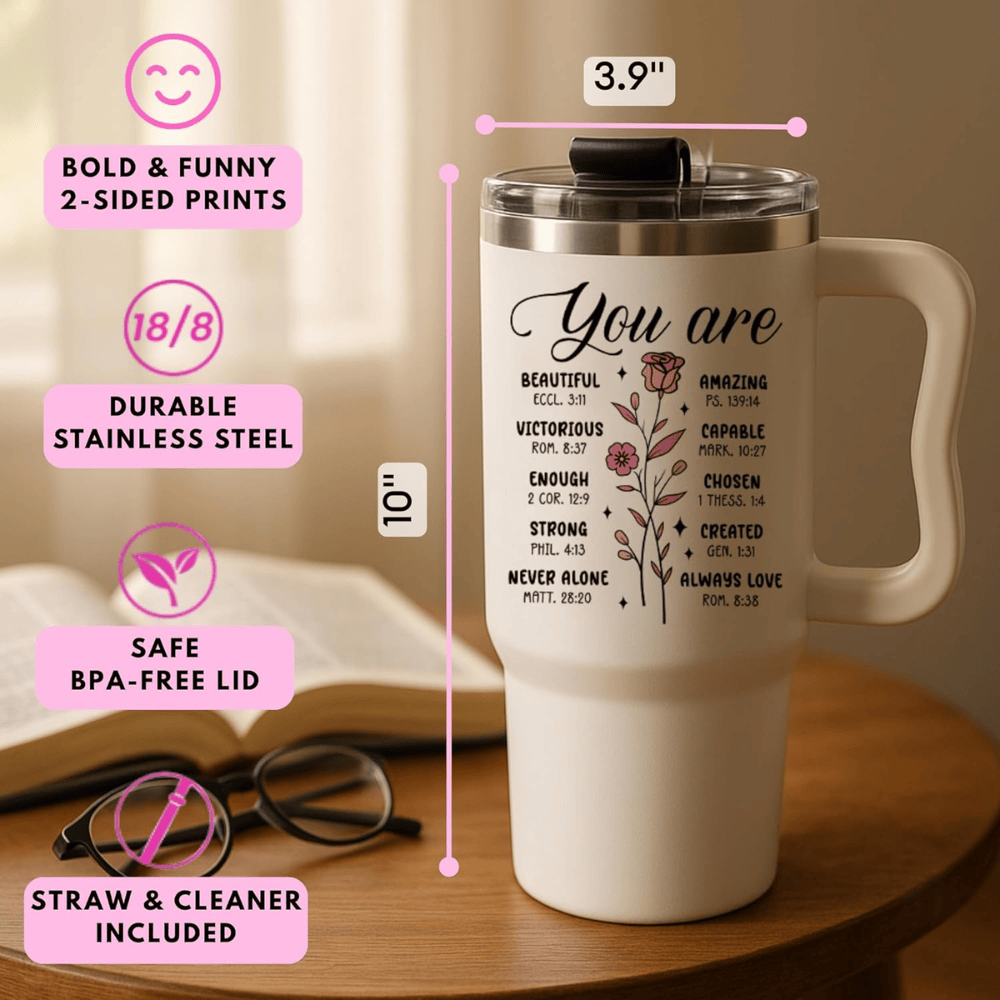 Faith-Inspired 40oz Tumbler with Handle | "Walk by Faith" Bible Verse Travel Mug