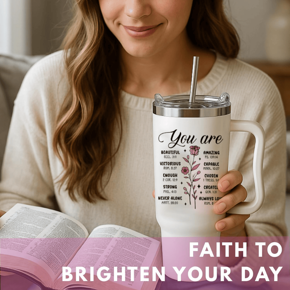 Faith-Inspired 40oz Tumbler with Handle | "Walk by Faith" Bible Verse Travel Mug