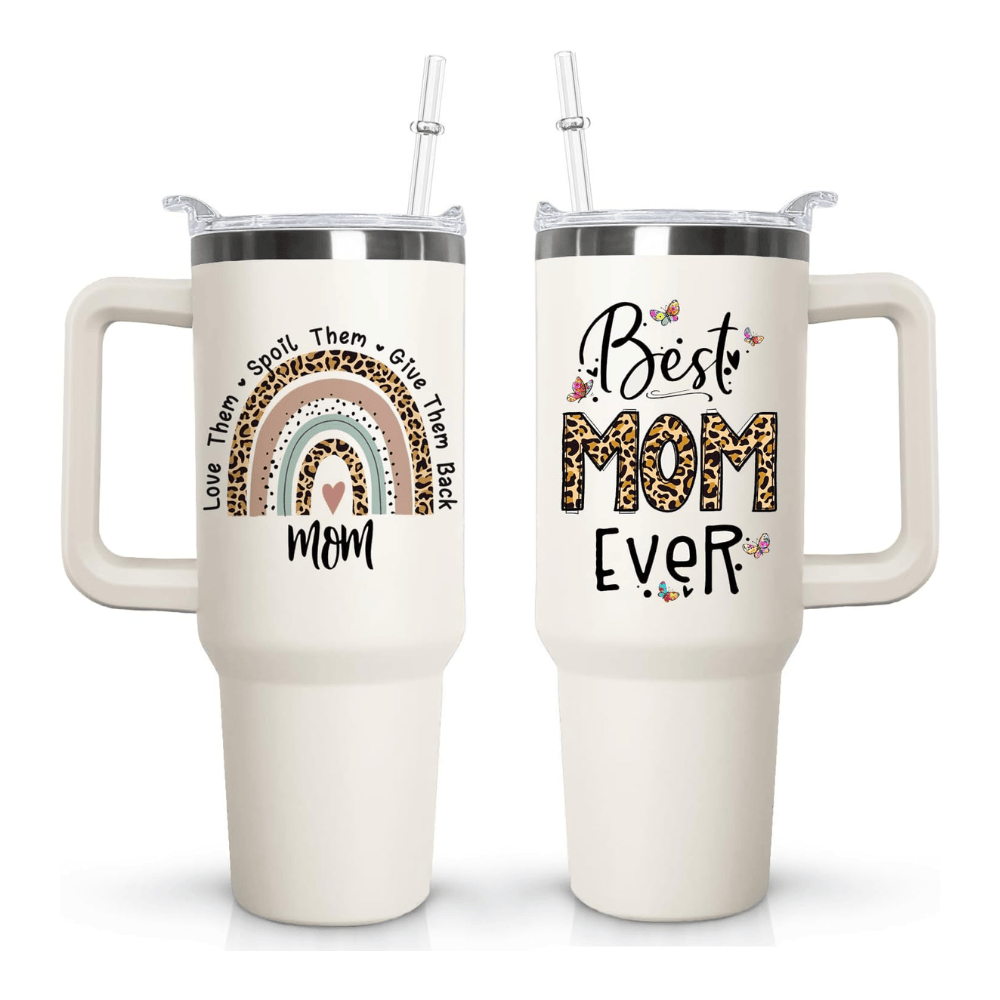 40oz "Best Mom Ever" Leopard & Butterfly Tumbler | Triple-Insulated Power Mug with Handle