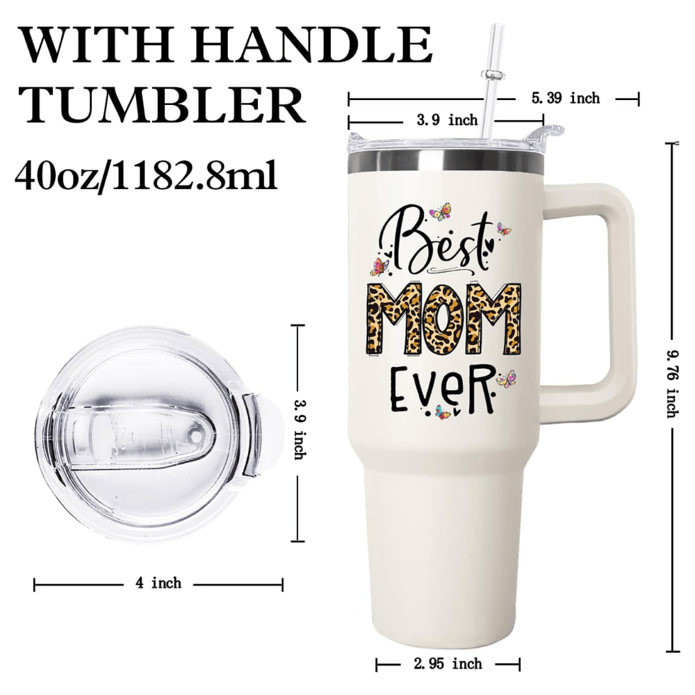 40oz "Best Mom Ever" Leopard & Butterfly Tumbler | Triple-Insulated Power Mug with Handle