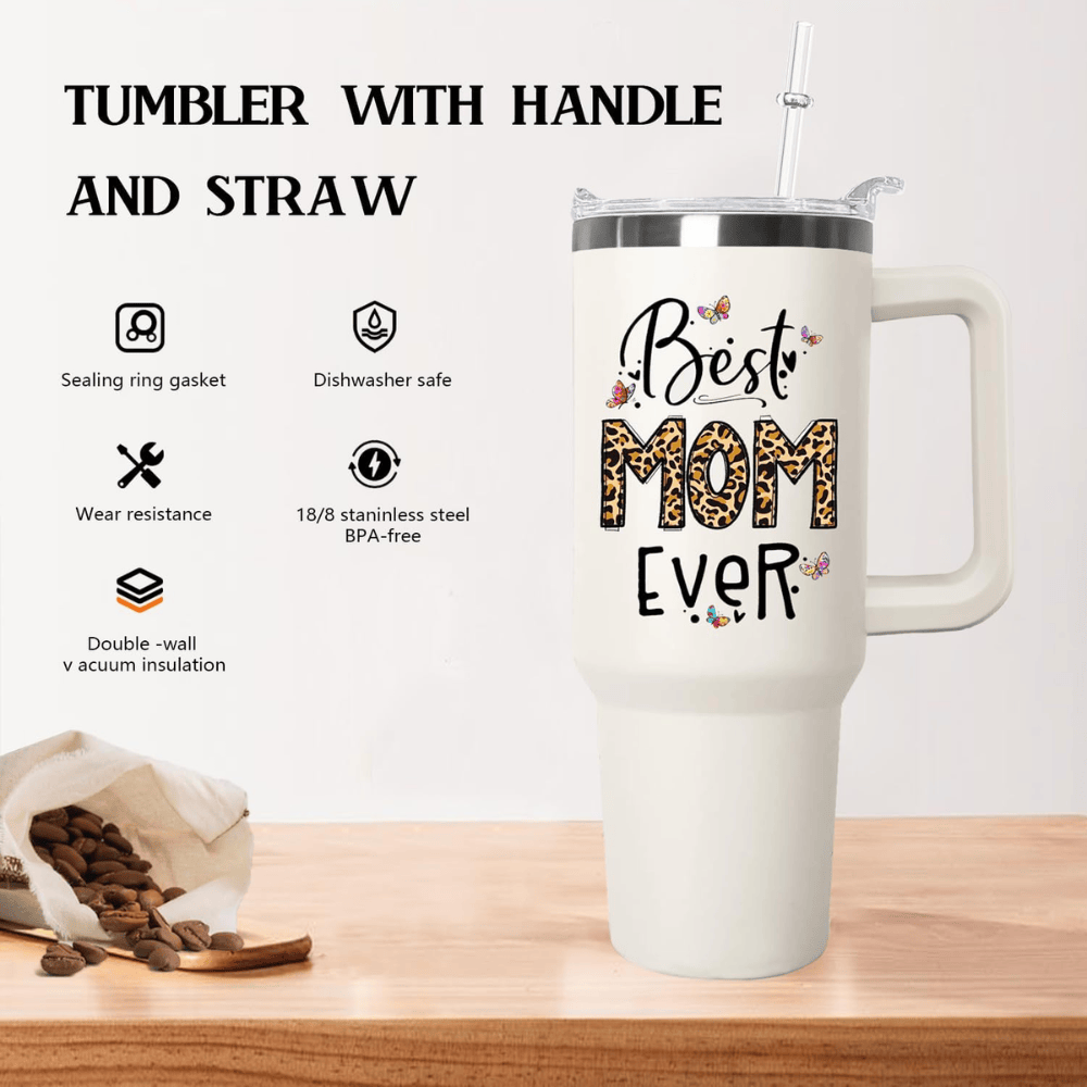 40oz "Best Mom Ever" Leopard & Butterfly Tumbler | Triple-Insulated Power Mug with Handle