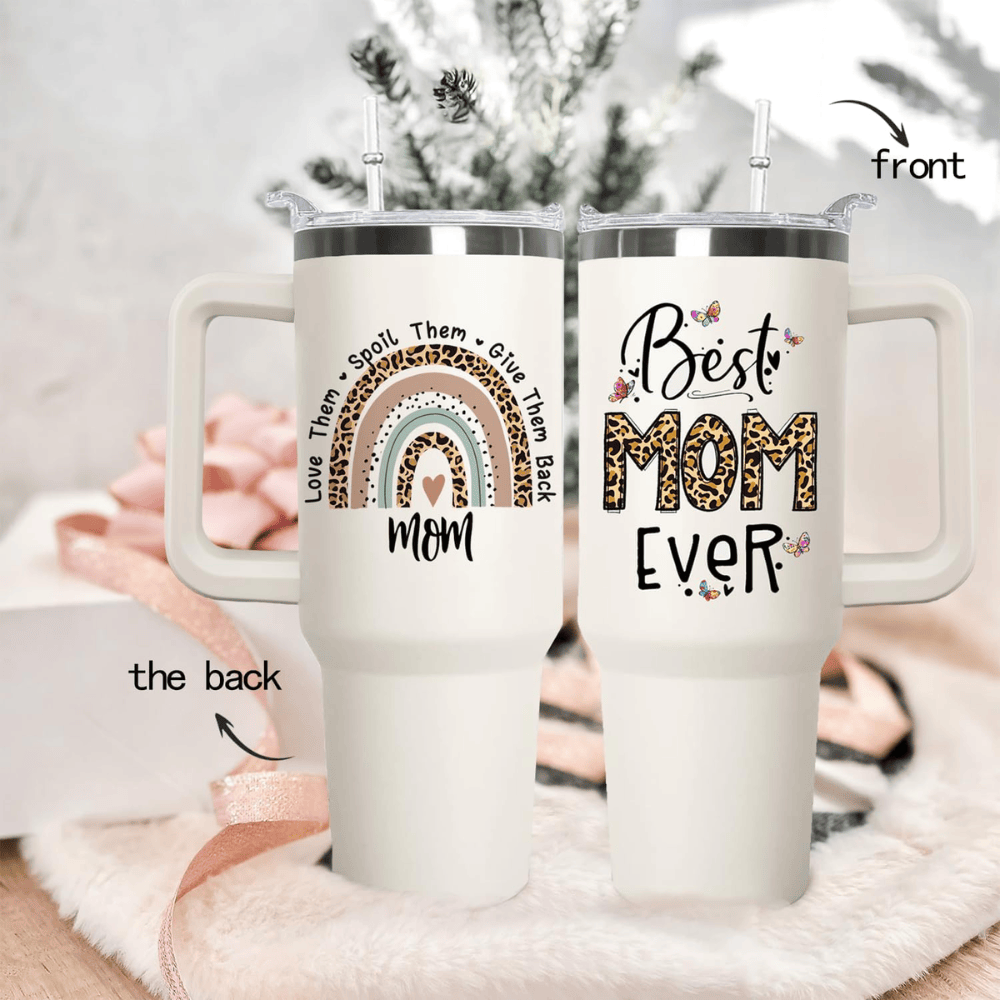 40oz "Best Mom Ever" Leopard & Butterfly Tumbler | Triple-Insulated Power Mug with Handle