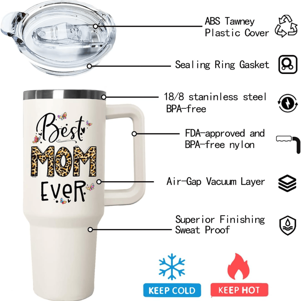 40oz "Best Mom Ever" Leopard & Butterfly Tumbler | Triple-Insulated Power Mug with Handle