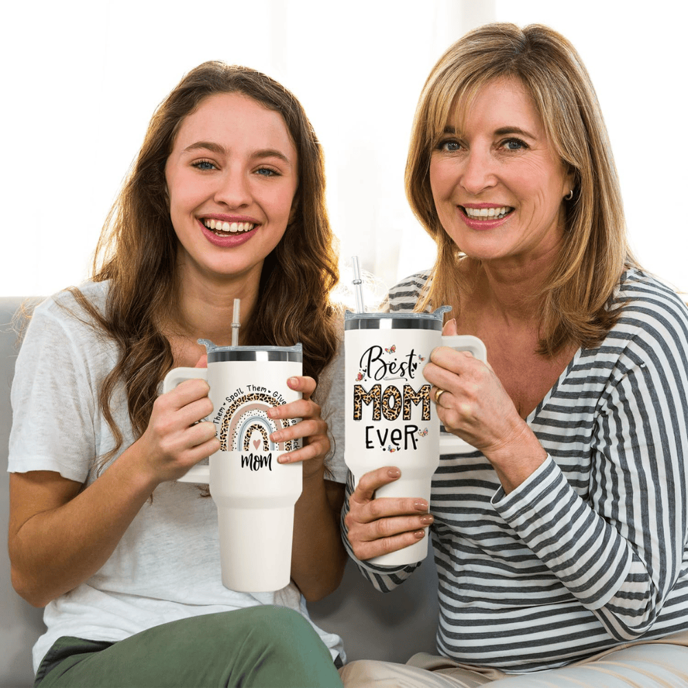 40oz "Best Mom Ever" Leopard & Butterfly Tumbler | Triple-Insulated Power Mug with Handle