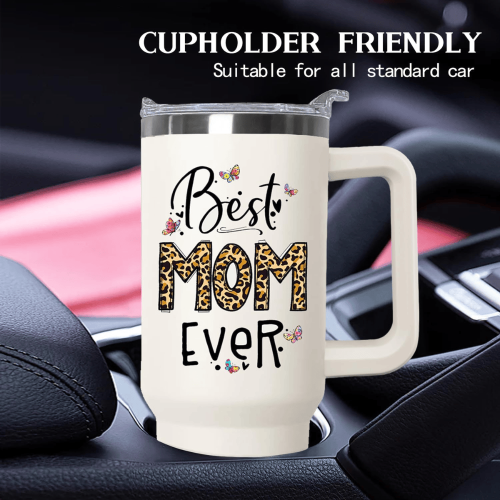 40oz "Best Mom Ever" Leopard & Butterfly Tumbler | Triple-Insulated Power Mug with Handle