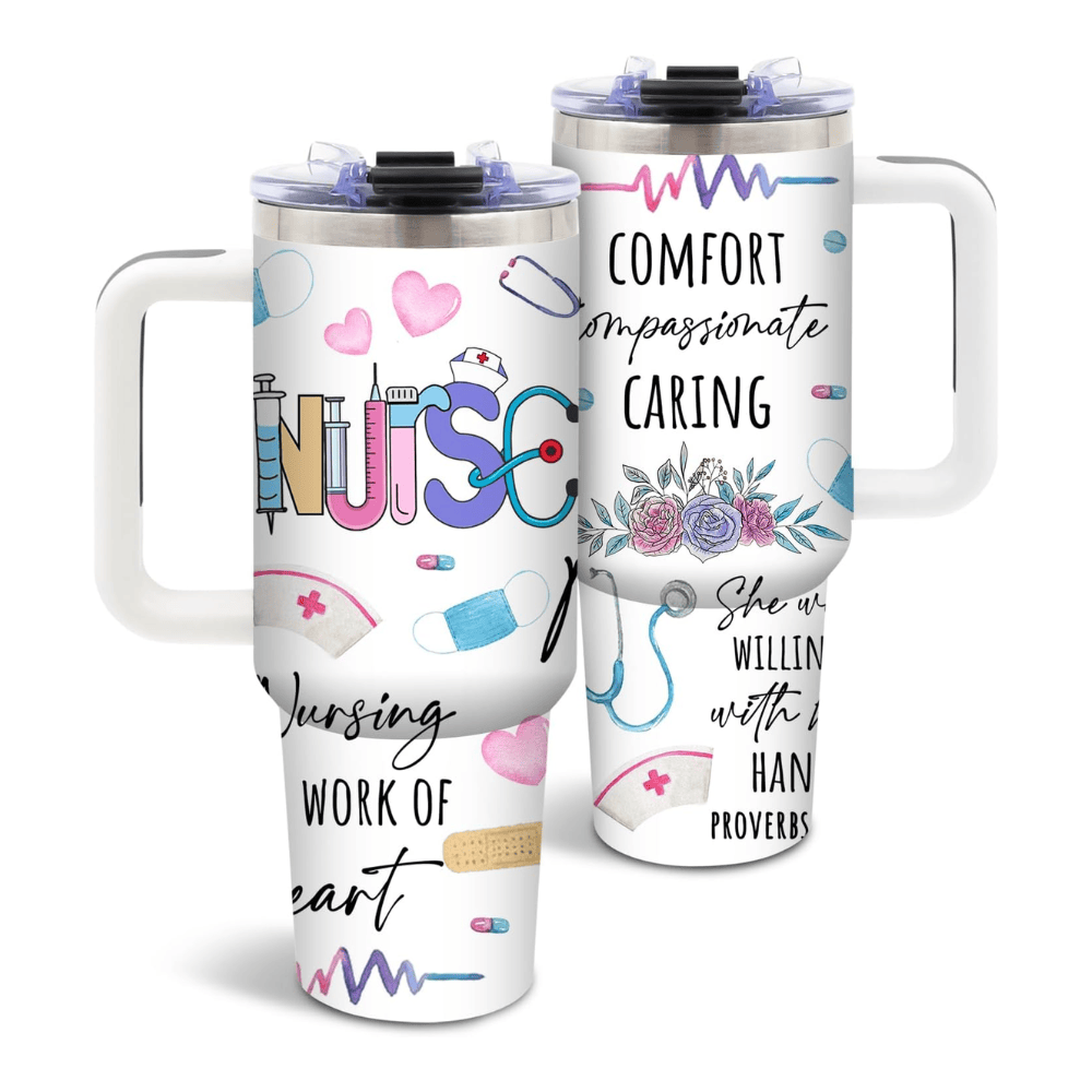 "Nursing is a Work of Heart" 40oz Tumbler | Premium Nurse Appreciation Gift Set with Steel Straws