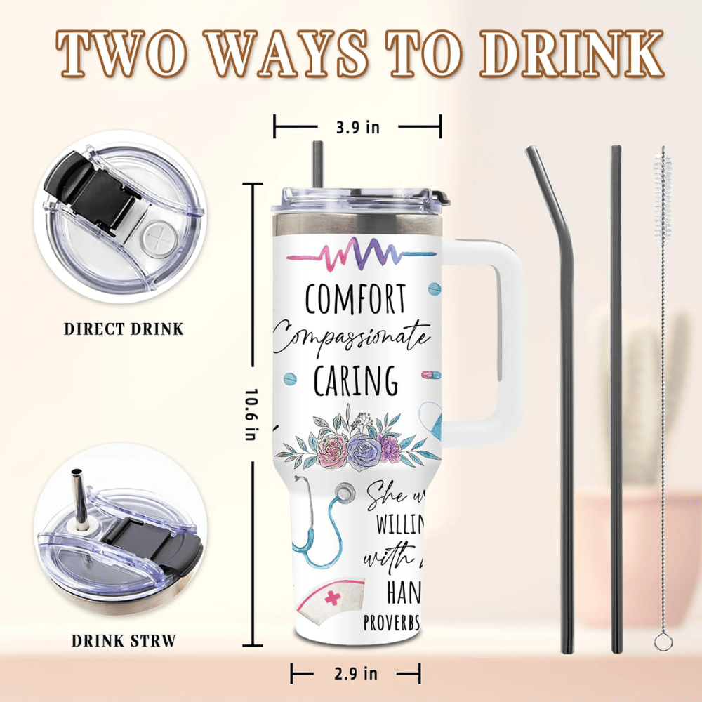 "Nursing is a Work of Heart" 40oz Tumbler | Premium Nurse Appreciation Gift Set with Steel Straws