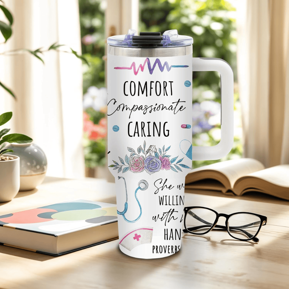 "Nursing is a Work of Heart" 40oz Tumbler | Premium Nurse Appreciation Gift Set with Steel Straws