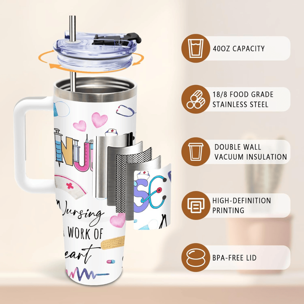 "Nursing is a Work of Heart" 40oz Tumbler | Premium Nurse Appreciation Gift Set with Steel Straws