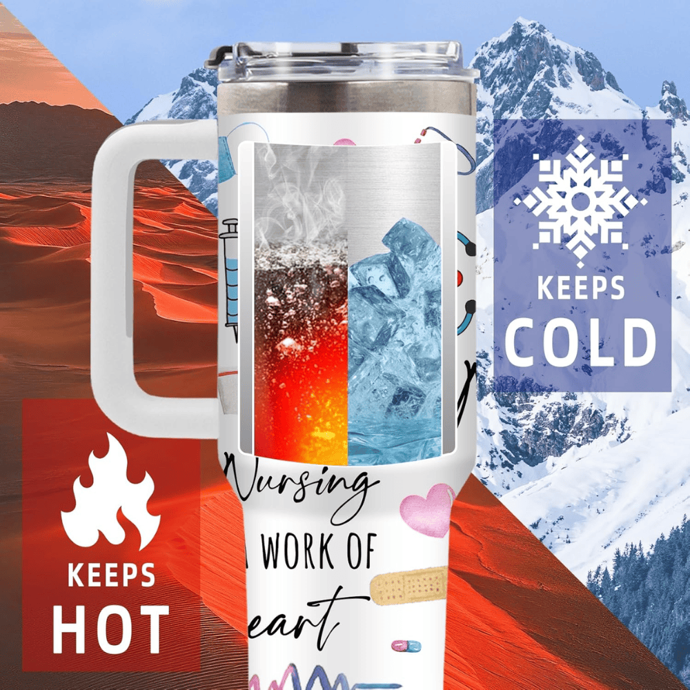 "Nursing is a Work of Heart" 40oz Tumbler | Premium Nurse Appreciation Gift Set with Steel Straws