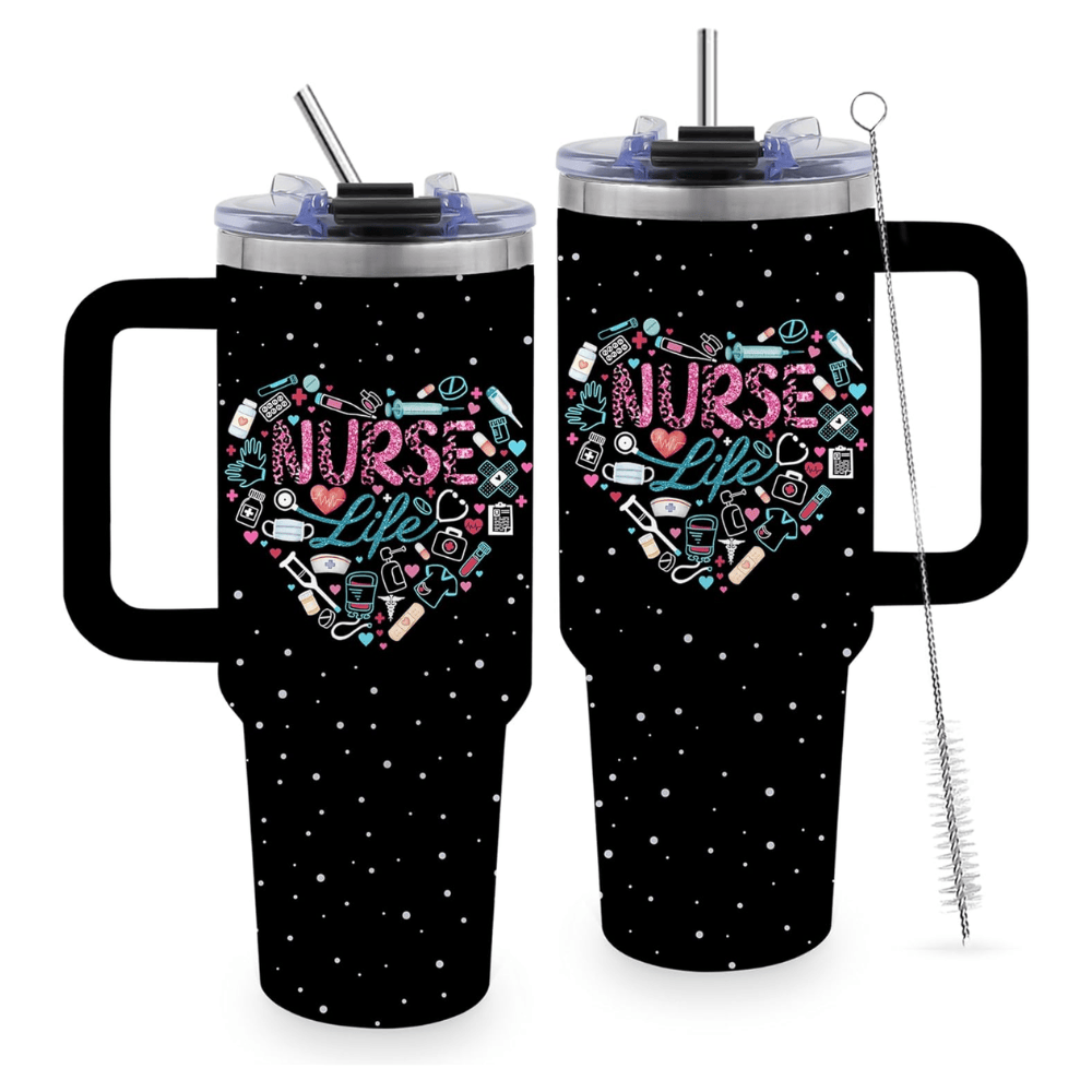 "Classic Noir" 40oz Nurse Tumbler | Aesthetic Floral Appreciation Gift with Metal Straw Set