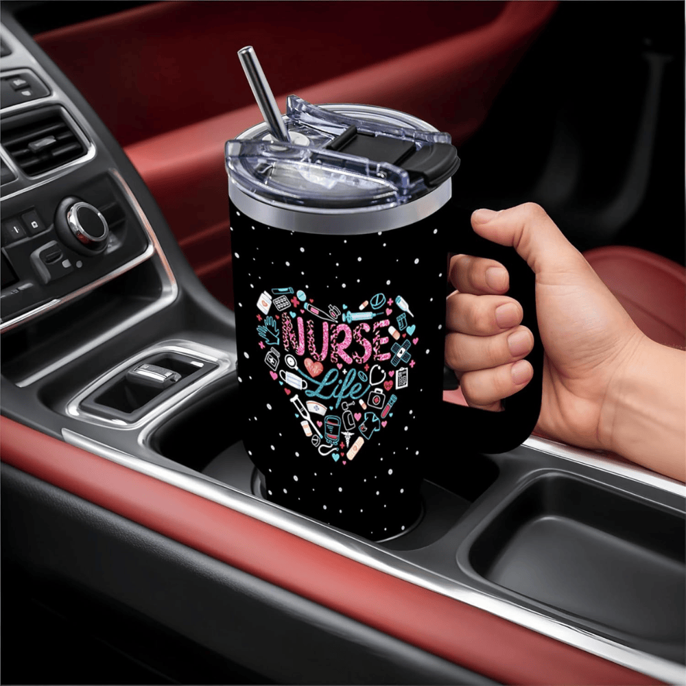 "Classic Noir" 40oz Nurse Tumbler | Aesthetic Floral Appreciation Gift with Metal Straw Set