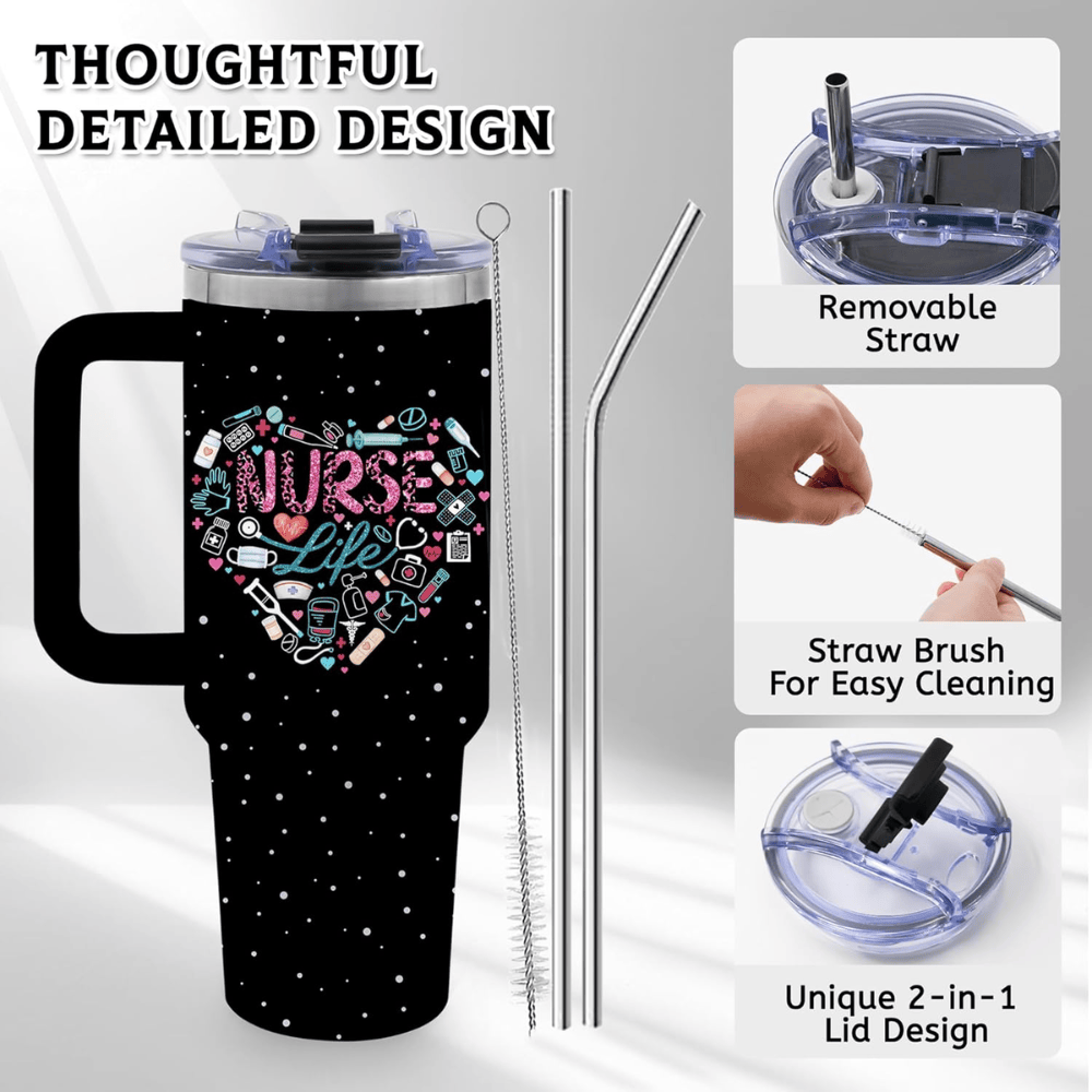 "Classic Noir" 40oz Nurse Tumbler | Aesthetic Floral Appreciation Gift with Metal Straw Set