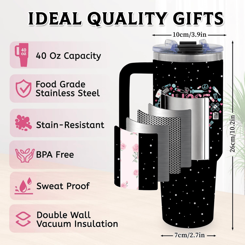 "Classic Noir" 40oz Nurse Tumbler | Aesthetic Floral Appreciation Gift with Metal Straw Set
