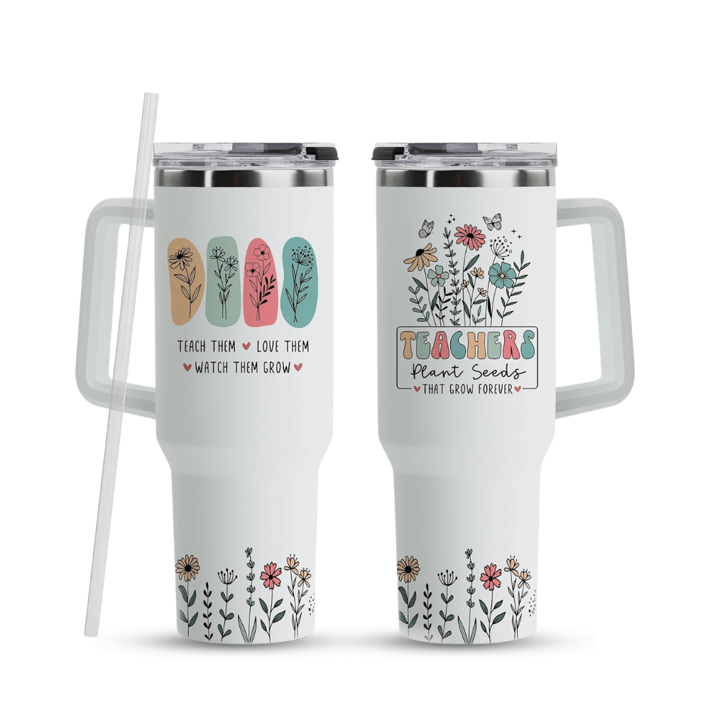 40oz "Floral Teacher" Insulated Tumbler with Handle | Gift-Ready Appreciation Mug with Straw Set