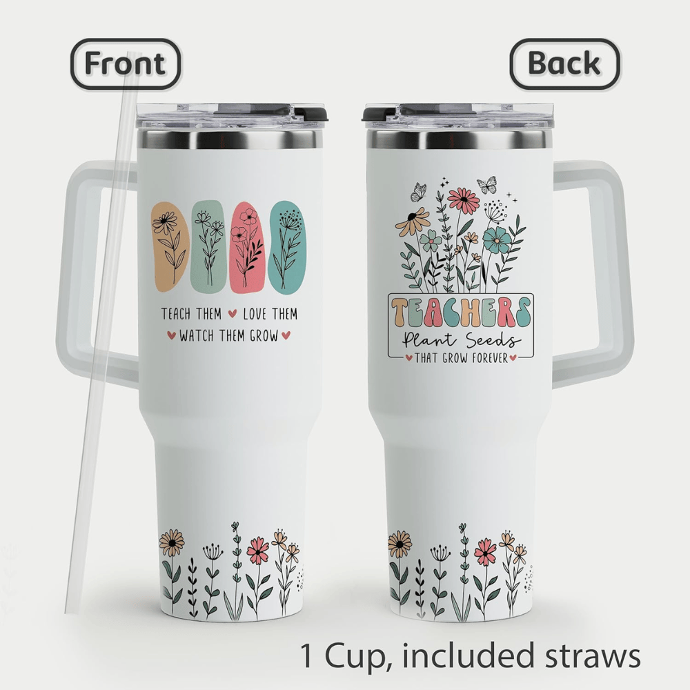 40oz "Floral Teacher" Insulated Tumbler with Handle | Gift-Ready Appreciation Mug with Straw Set