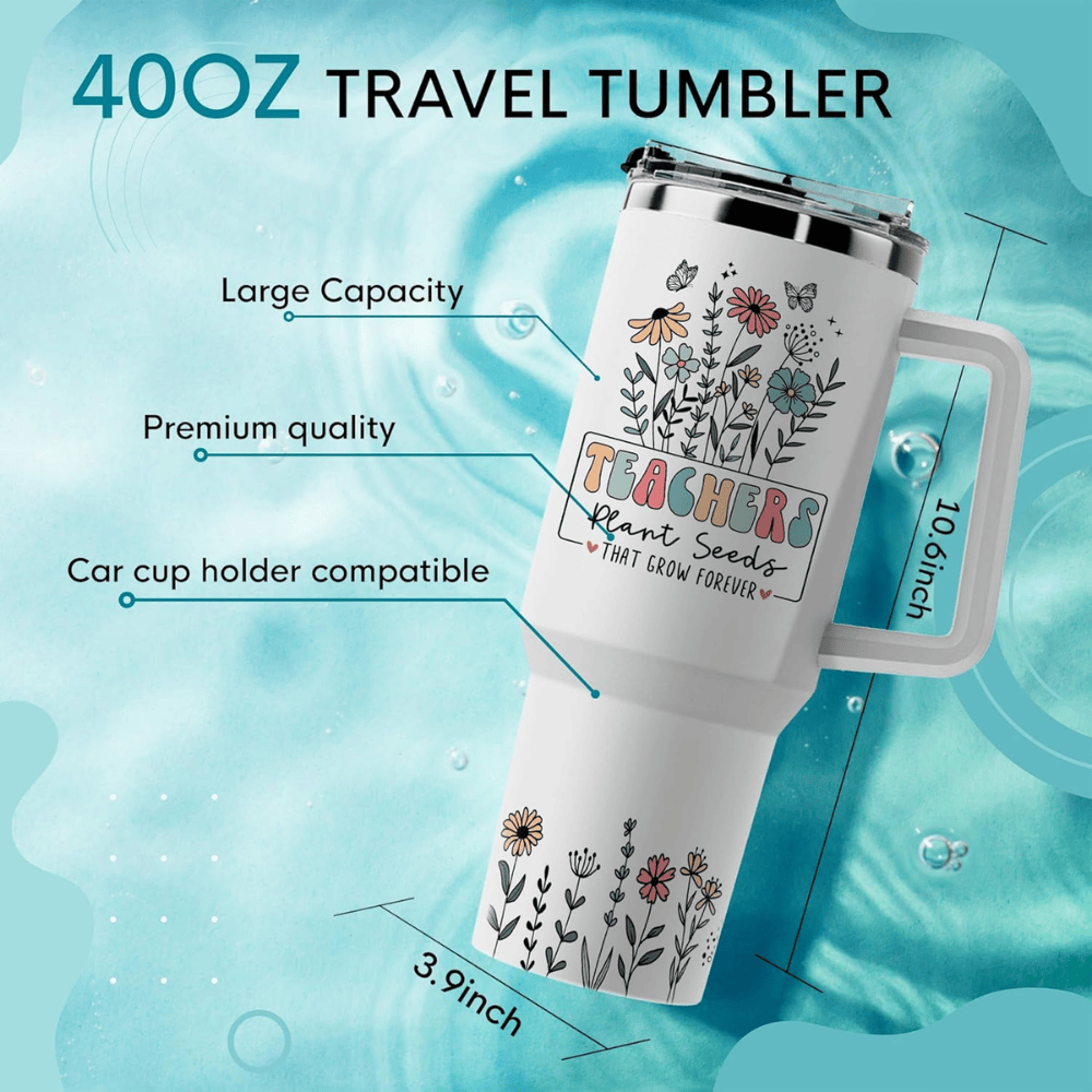 40oz "Floral Teacher" Insulated Tumbler with Handle | Gift-Ready Appreciation Mug with Straw Set