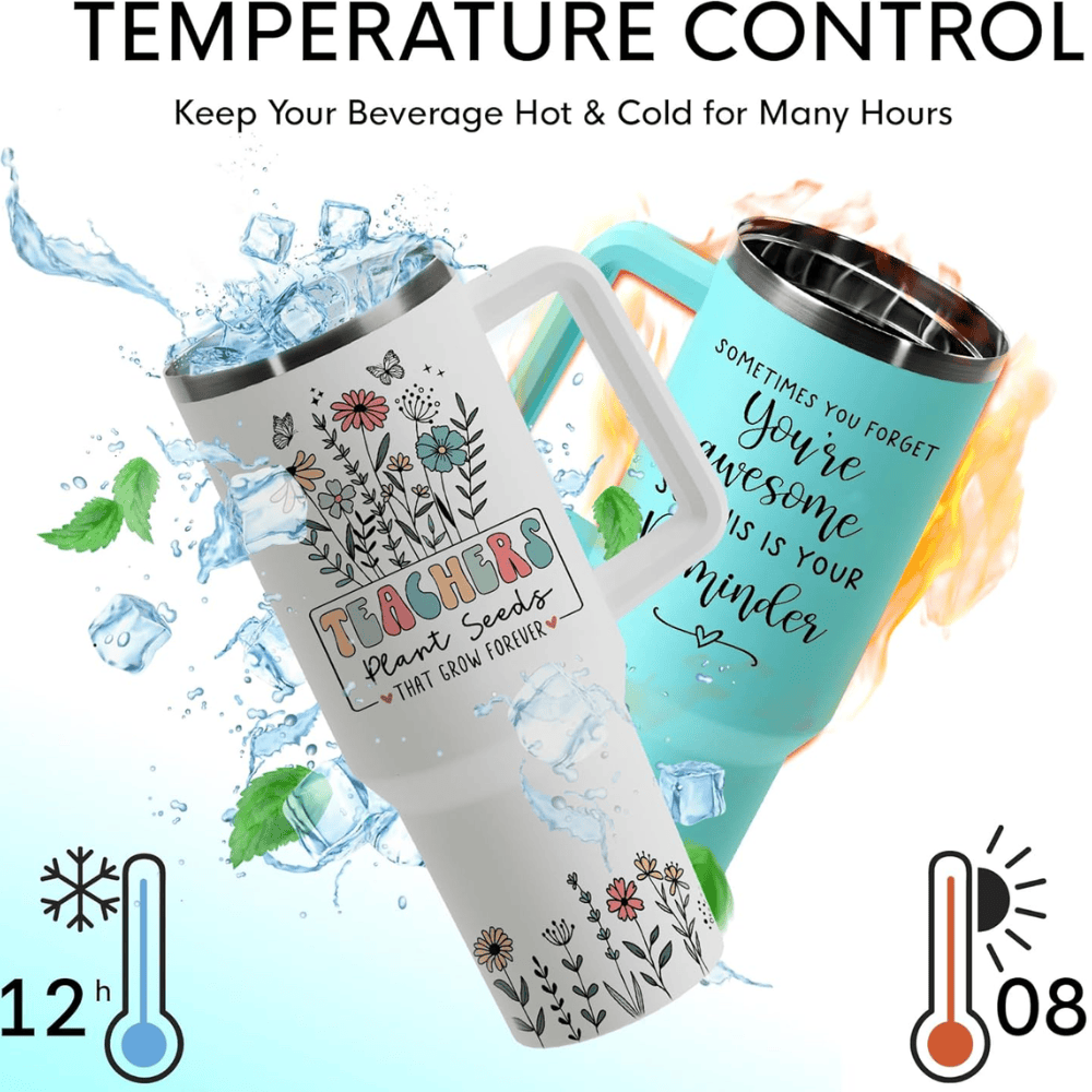 40oz "Floral Teacher" Insulated Tumbler with Handle | Gift-Ready Appreciation Mug with Straw Set