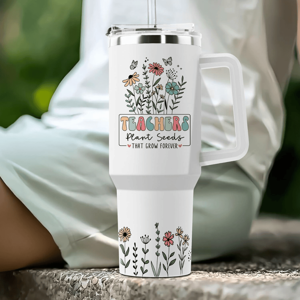 40oz "Floral Teacher" Insulated Tumbler with Handle | Gift-Ready Appreciation Mug with Straw Set