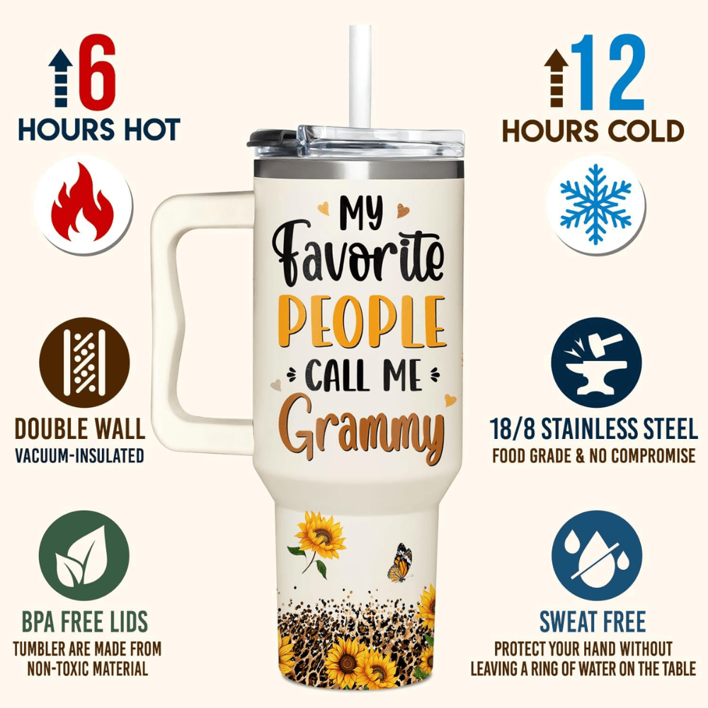 40oz "My Favorite People Call Me Grammy" Sunflower Tumbler | Heartfelt Grandma Gift from Grandkids