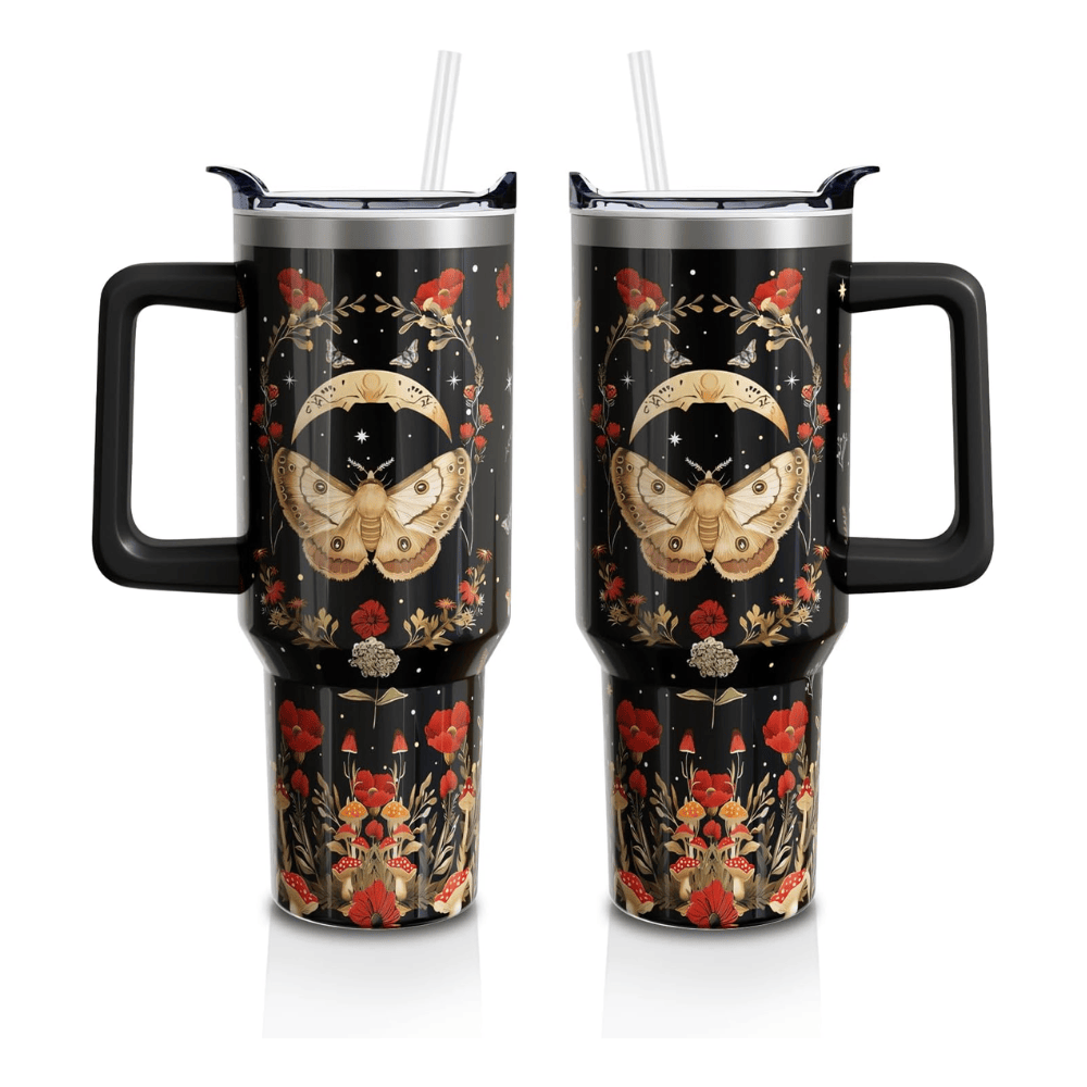 40oz Gothic Mushroom & Moon Moth Tumbler | Mystical Witchy Floral Gift for Dark Academia Lovers