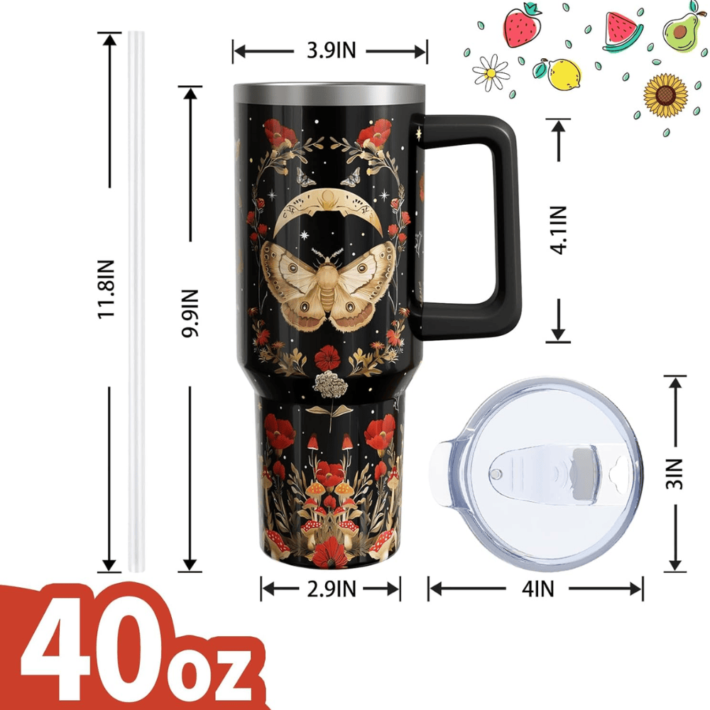 40oz Gothic Mushroom & Moon Moth Tumbler | Mystical Witchy Floral Gift for Dark Academia Lovers