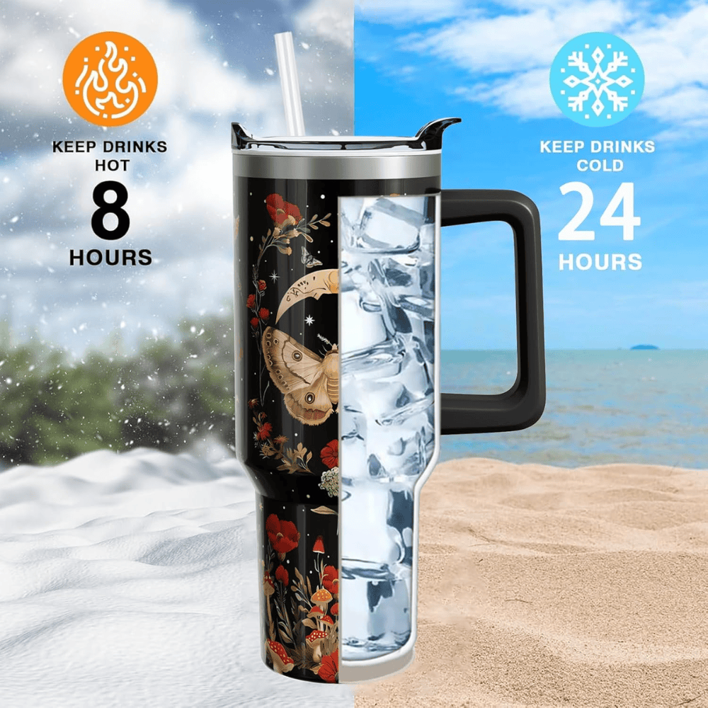 40oz Gothic Mushroom & Moon Moth Tumbler | Mystical Witchy Floral Gift for Dark Academia Lovers
