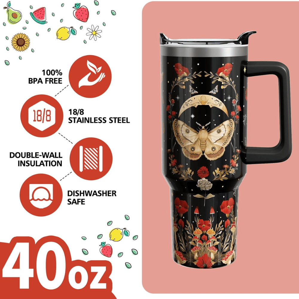 40oz Gothic Mushroom & Moon Moth Tumbler | Mystical Witchy Floral Gift for Dark Academia Lovers