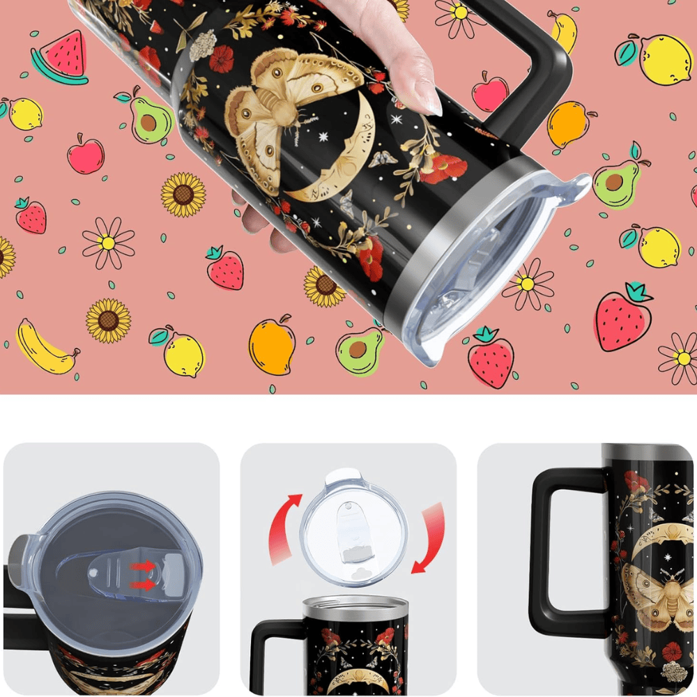 40oz Gothic Mushroom & Moon Moth Tumbler | Mystical Witchy Floral Gift for Dark Academia Lovers