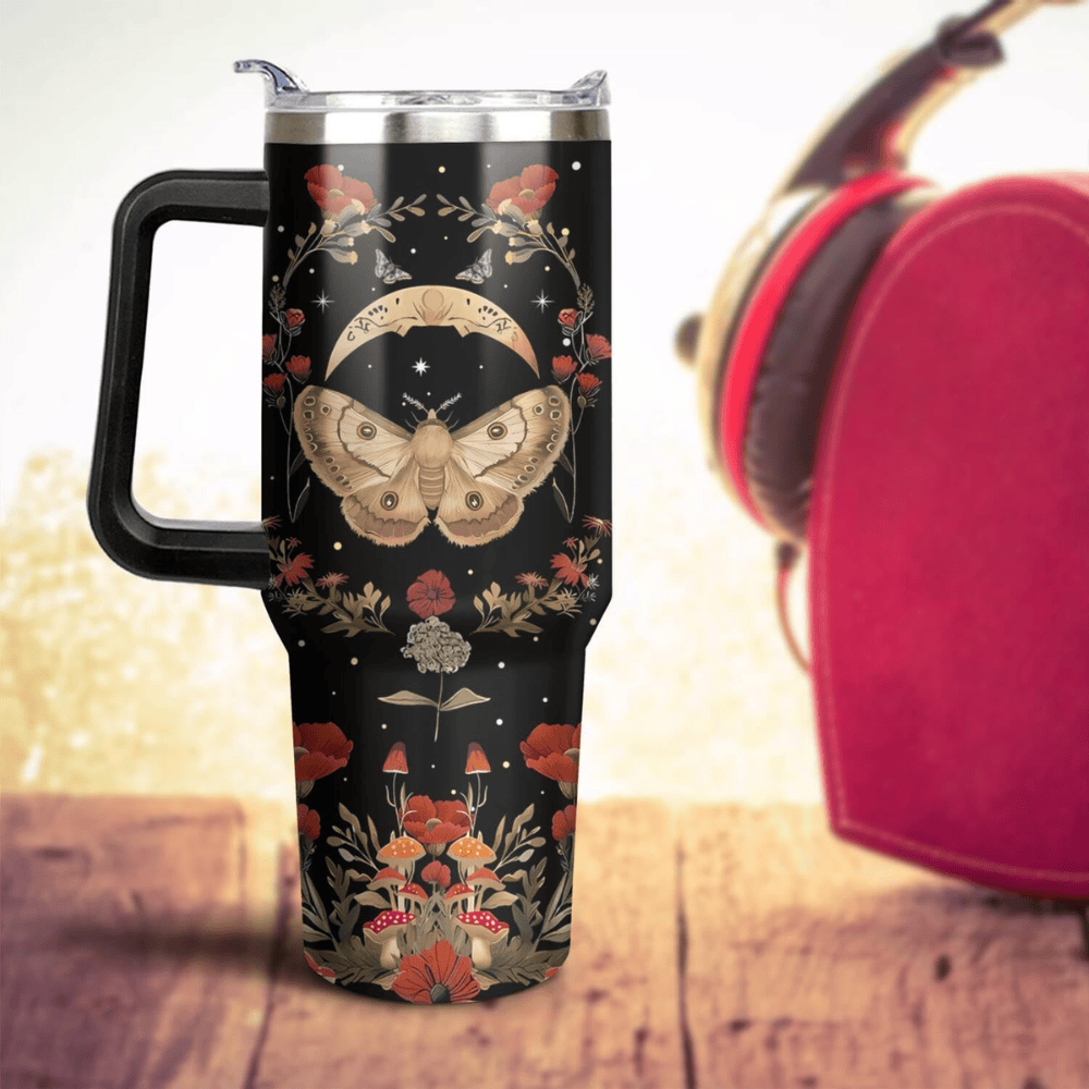 40oz Gothic Mushroom & Moon Moth Tumbler | Mystical Witchy Floral Gift for Dark Academia Lovers