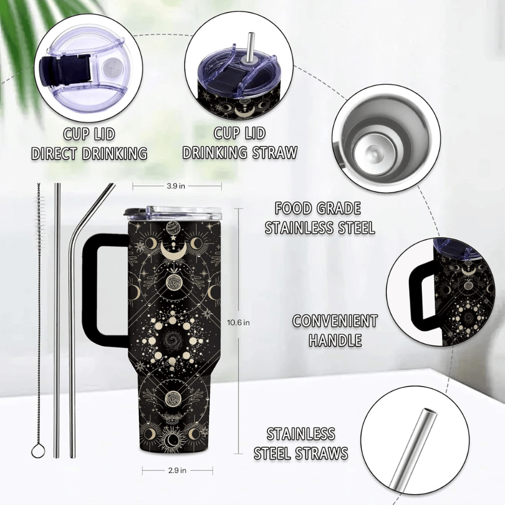 40oz "Midnight Mystique" Gothic Tumbler | Mystical Moon & Moth Gift for Dark Aesthetic Lovers